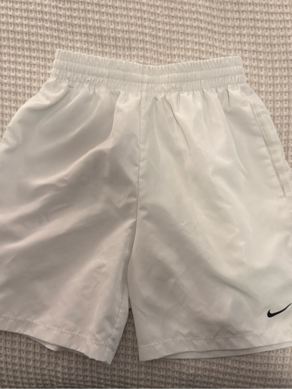 Nike Youth White Athletic Shorts with Black Swoosh